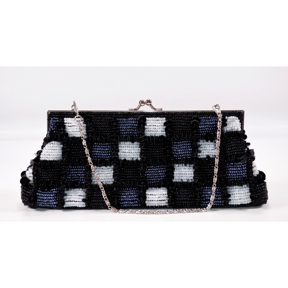 Unbranded Women's Black &‎ White Beaded Sachet Evening Bag Crossbody Chain